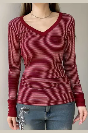LULU & SKY Women Striped V-Neck Raw Edge Slim Fit T-shirt