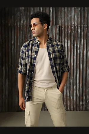 High Star Men Classic Spread Collar Tartan Checked Cotton Casual Shirt