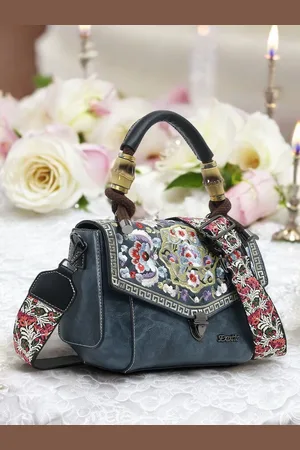EXOTIC Women Floral Printed Structured Leather Satchel Bag