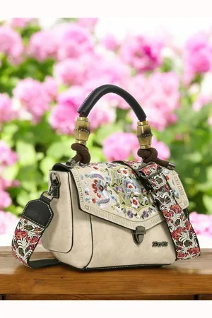 EXOTIC Women Floral Printed Structured Leather Satchel Bag
