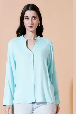 Mast & Harbour Women Relaxed Mandarin Collar Solid Cotton Oversized Casual Shirt