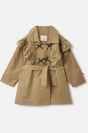 Blue Giraffe Girls Cotton Solid Spread Collar Long Sleeves Trench Coat