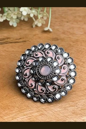 I Jewels Nude Pink & Silver-Toned Oxidised Rhodium Plated Meenakari Kundan Finger Ring