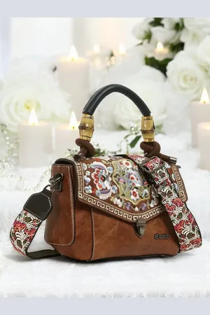 EXOTIC Women Floral Printed Structured Leather Satchel Bag