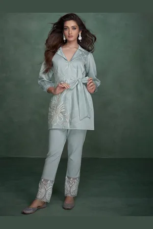 AUTUMN LANE Floral Embroidered Lapel Collar Pure Cotton Tunic & Trousers