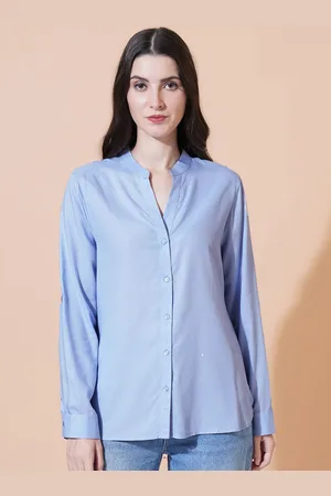 Mast & Harbour Women Relaxed Mandarin Collar Solid Cotton Oversized Casual Shirt
