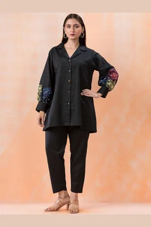 AUTUMN LANE Floral Embroidered Lapel Collar Bishop Sleeves Pure Cotton Co-Ords