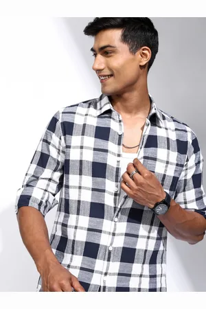 LocoMotive Men Spread Collar Tartan Checked Cotton Casual Shirt