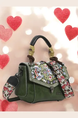 EXOTIC Women Floral Printed Structured Leather Satchel Bag