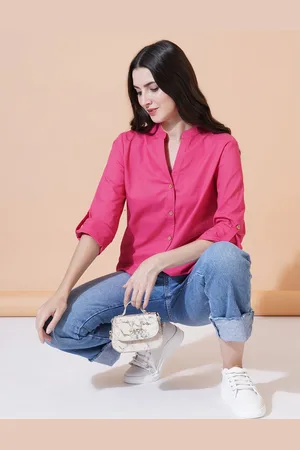 Mast & Harbour Women Relaxed Mandarin Collar Solid Cotton Oversized Casual Shirt