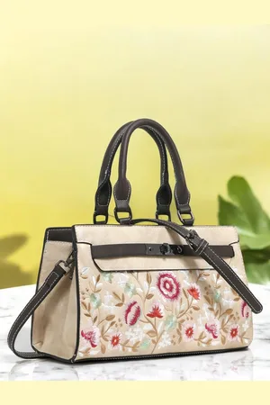 EXOTIC Women Floral Printed Structured Leather Handheld Bag