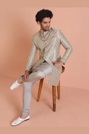 KISAH Self Design Mandarin Collar Jacquard Indowestern Sherwani Churidar Set
