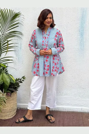 Chidiyaa Women Mandarin Collar Block Printed Cotton Tunic