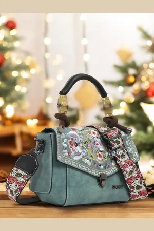 EXOTIC Women Floral Printed Structured Leather Satchel Bag