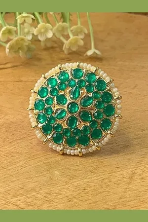 I Jewels Green Gold-Plated Kundan Handcrafted Adjustable Finger Ring