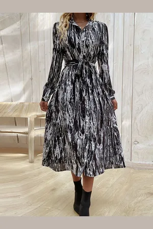 HERE&NOW Women Abstract Printed Shirt Collar Puff Sleeves A-Line Dress