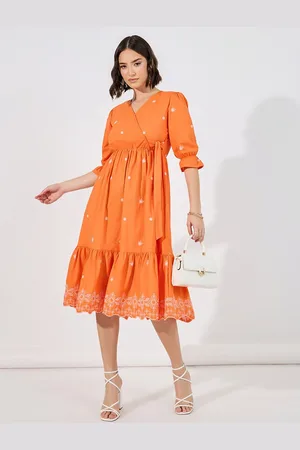 Styli Women V-Neck Embroidered Wrap Midi Length Dress