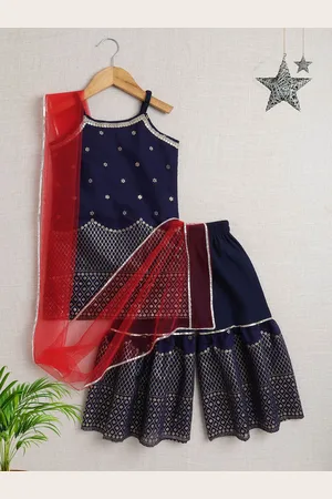 The Magic Wand Girls Floral Woven Design Zari Kurta With Sharara & Dupatta