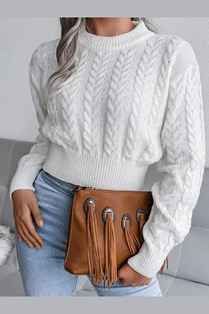 LULU & SKY Women Round Neck Cable Knit Long Sleeves Crop Pullover Sweaters