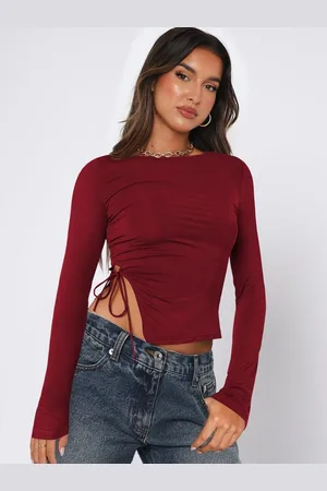 LULU & SKY Women Solid Round Neck Long Sleeves Crop Fitted Top With Side Slit