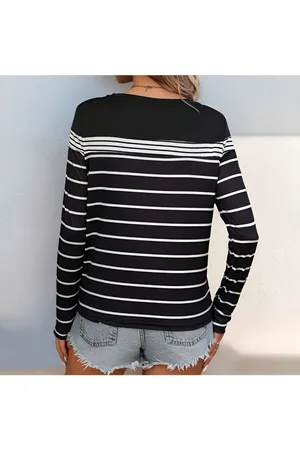 HERE&NOW Women Striped Round Neck Monochrome T-shirt