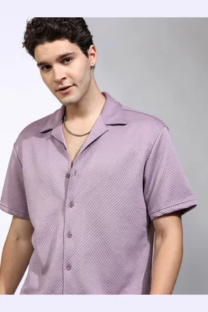 Highlander Men Mauve Cuban Collar Short Sleeve Relaxed Jacquard Knit Shirt