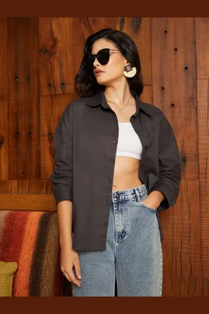 Campus Women Comfort Spread Collar Solid Cotton Oversized Casual Shirt