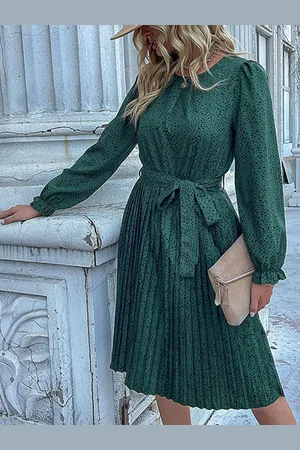 HERE&NOW Women Printed Round Neck Puff Sleeves A-Line Dress