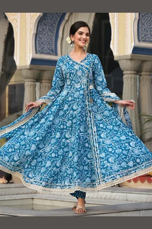 Ishin Floral Printed Angrakha Gotta Patti Pure Cotton Kurta with Trousers & Dupatta