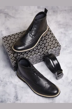 LOUIS STITCH Men Jet Black Mid-Top Egyptian Crust Leather Lace-Up Brogue Chukka Boots