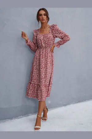 HERE&NOW Women Floral Printed Square Neck Puff Sleeves Fit & Flare Dress
