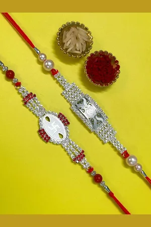 LAIDA Set Of 2 Swastik & Om AD Studded & Beaded Thread Rakhis With Roli Chawal