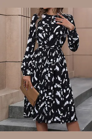 HERE&NOW Women Abstract Printed Puff Sleeves Fit and Flare Dress
