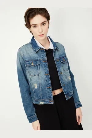 Max Collection Women Spread Collar Washed Self Design Cotton Casual Denim Jacket