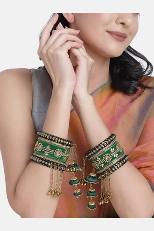 Peora Women Gold-Plated Green Silk Thread Hanging Jhumka & Kundan Studded Bangle Set