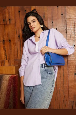 Campus Women Comfort Spread Collar Solid Cotton Oversized Casual Shirt