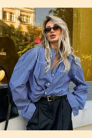 LULU & SKY Women Band Collar Vertical Striped Relaxed Fit Casual Shirt