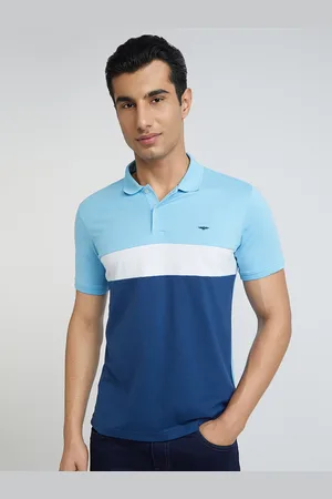 Park Avenue Men Blue & White Colourblocked Polo Collar Slim Fit T-shirt