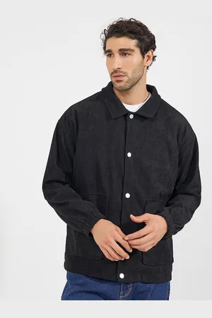 Styli Men Self Design Spread Collar Snap Button Corduroy Weave Utility Tailored Jacket