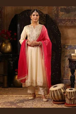 SCAKHI Floral Embroidered Notch Neck Dupion Silk Anarkali Kurta with Trousers & Dupatta