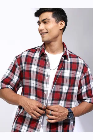 LocoMotive Men Cutaway Collar Tartan Checked Cotton Oversized Casual Shirt