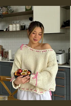 LULU & SKY Women Contrast Tie-ups Open Knit Sweater