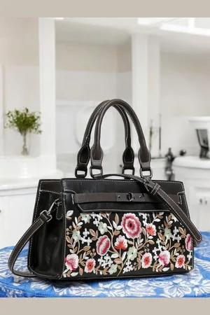 EXOTIC Women Floral Printed Structured Leather Handheld Bag