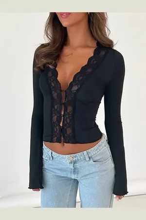 LULU & SKY Women V-neck Long Sleeves Crop Top