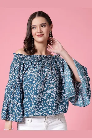 OOMPH Floral Print Off-Shoulder Smocked Crepe Bardot Top