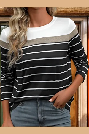 HERE&NOW Women Striped Extended Sleeves Pockets T-shirt
