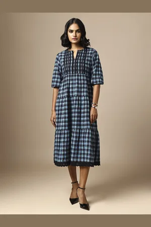 Chemistry Women Cotton Checked A-Line Midi Dress