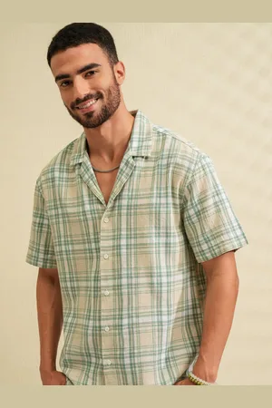 LocoMotive Men Premium Cotton Linen Dobby Textured Checked Cuban Collar Relaxed Shirt