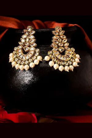 Priyaasi Gold Plated American Diamond Pearl Beaded Contemporary Chandbalis