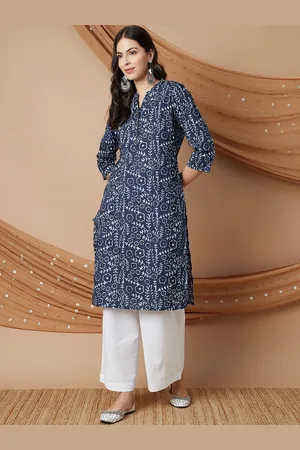 Lifestyle Floral Printed Mandarin Collar Cotton Straight Kurta